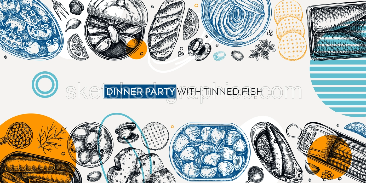 Collage-style canned fish banner design. Seafood background with hand drawn sardines, anchovy, mackerel, tuna, mussels in tin cans, fish canapes, olives, crackers and lemons sketches.  Illustration